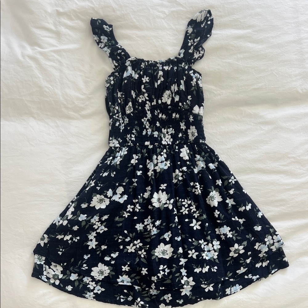 Hollister Navy and White Floral Kids Dress, Size XS